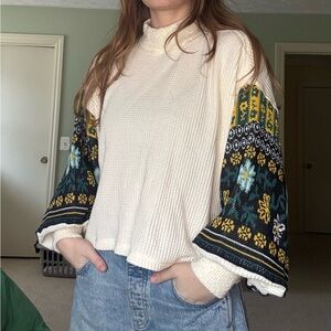 We The Free Cream Crewneck Sweater with Patterned Green & Yellow Sleeves